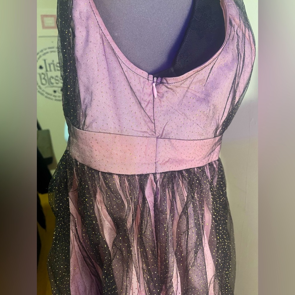 SHEIN Curve Plus Size 1XL (14) Gold Dot Mesh Overlay Plunging Neck Pink Dress
